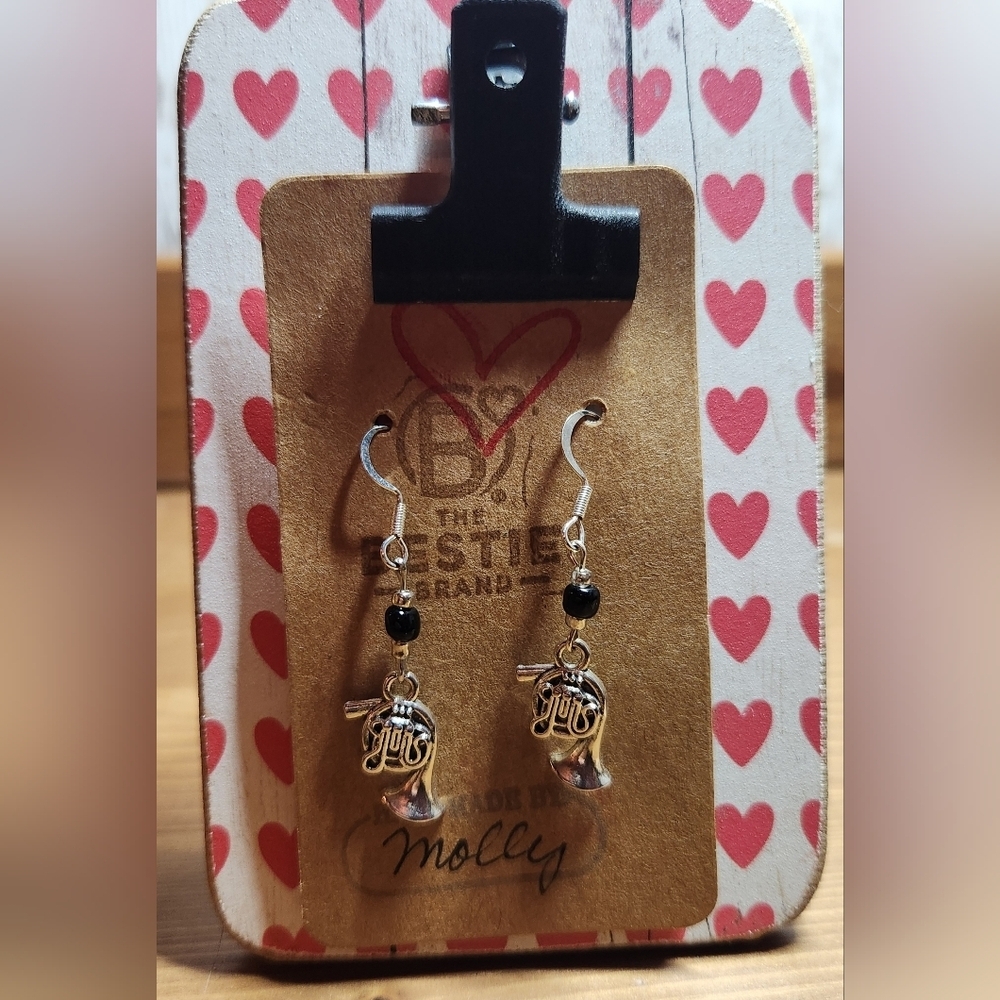 Silver in Color French Horn Charm Black Bead Dangle Band Earrings Music Class